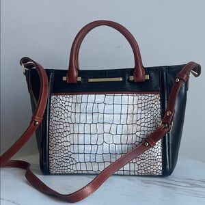 Brahmin Black & Brown Satchel with White Croc-Embossed Panel